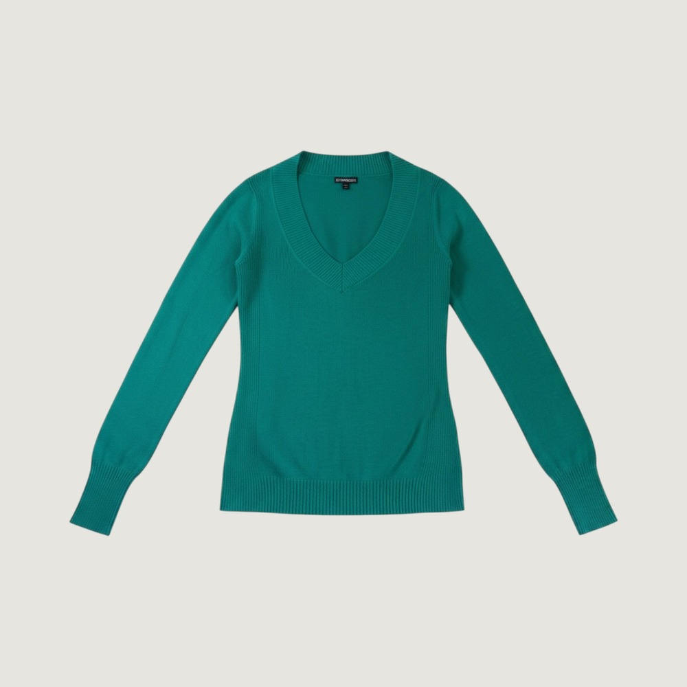 Y2K Express Womens Emerald Green V-Neck Ribbed Knit Long Sleeve Sweater Medium